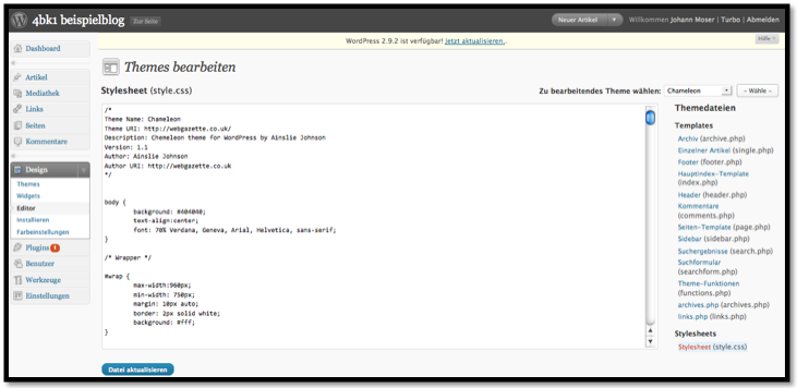 wp-screen-9 Screenshot: Stylesheet im Theme-Editor